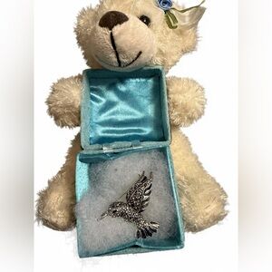 Plush Bear Gift Box with Hummingbird Jewelry Brooch